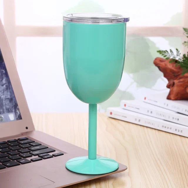 10oz Goblet Wine Cup With Seal Lid Double Wall Stainless Steel Tumbler Champagne Layer Cocktail Mug For Christmas Party