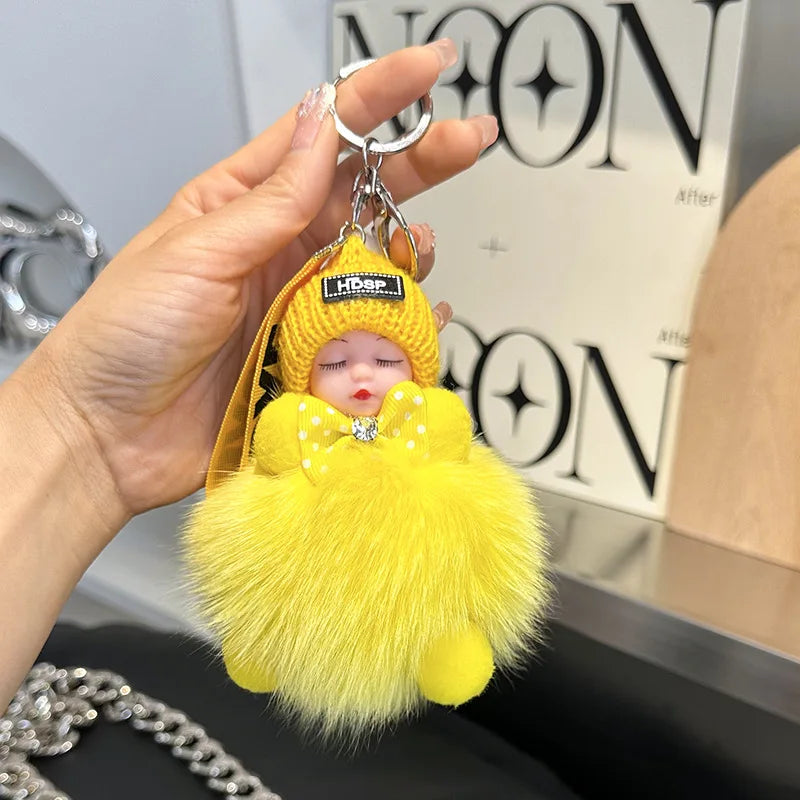 Pompom Sleeping Doll Keychain Cute Fluffy Plush Doll Keychains Women Girl Bags Keyrings Cars Key Ring  Gift Charming  Decoration
