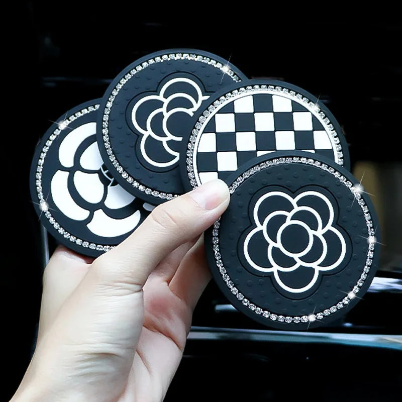 1PC Car Water Cup Pad Creative Diamond Inlaid Camellia Flower Storage Tank Non-Slip Mat Interior Decoration Products For Women