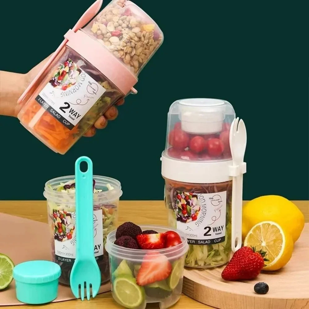 Portable Salad Cup Breakfast Cup Food Stratification Yogurt Cereal Oatmeal Snacks Parfait Containers Fruit Box Cup With Lid Fork