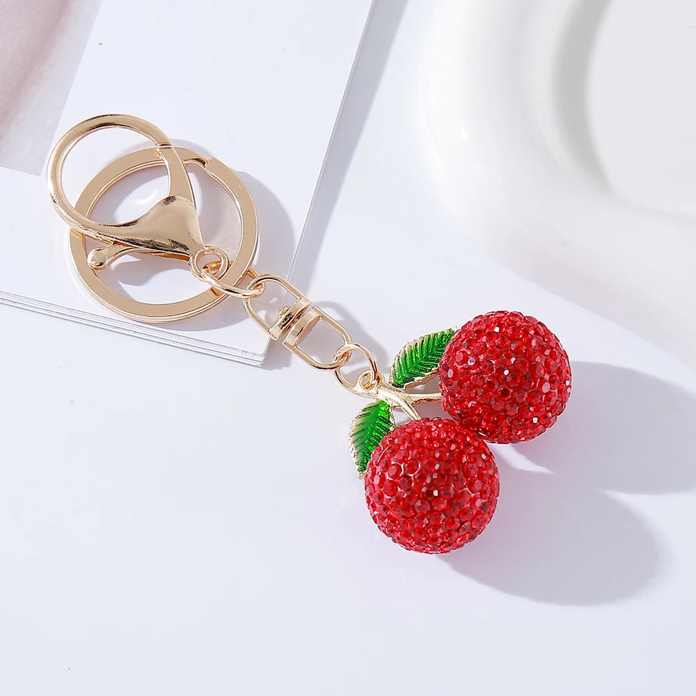 Full Rhinestones Cherry Keychain Couple Keychain Girl Decoration Small Pendant Car Key Ring Student Bag Pendant