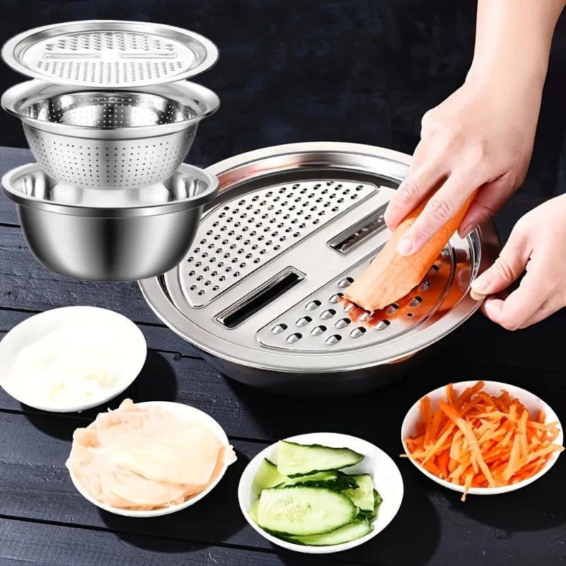 Vegetable Slicer Grater Kitchen Accessories Stainless Steel Multifunctional Strainer and Mixing Bowl Set for Washing Fruits