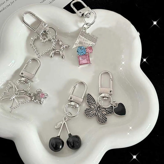 Y2K Silver Color Metal Butterfly Keychain Sweet Cherry Keyring Girls Fashion Bag Pendant Backpack Hanging Decoration Gift A15