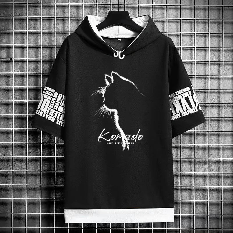 Harajuku Men's T-Shirt Hoodie Women Cartoon Cat Print Graphics T-Shirt Streetwear Funny Shirt Korean Fashion Short Sleeve Tops