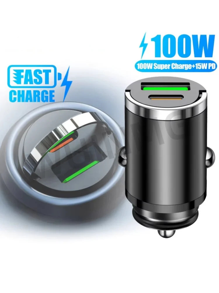 Mini 100W Hidden Car USB Charger Super Charge Dual USB Port Cigarette Lighter Adapter 30W PD Charger for iPhone iPad Android