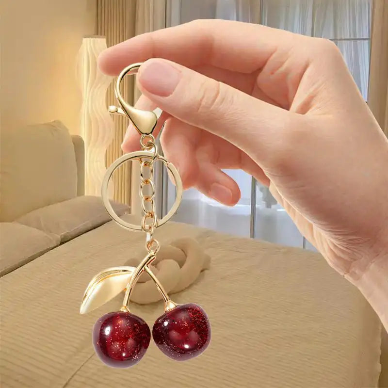 Glitter Resin Cherry Keychain, Golden Hardware Bag Charm, Elegant Retro Fruit Pendant for Handbag and Car Key Decoration