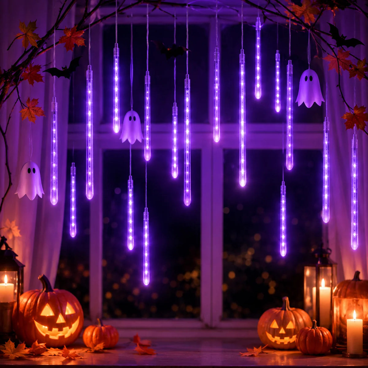 LED String Lights Meteor Shower Falling Rain Tube Lights USB Powered Warm White Purple for Garden Patio Yard Halloween Decor