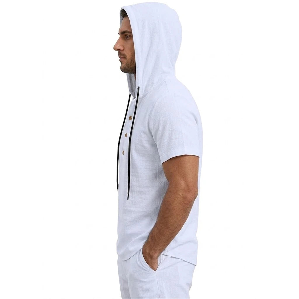 Summer Mens Linen Hooded Shirts for Men Lightweight Short Sleeve Casual T-Shirts Button Cotton Hoodie Hawaiian T Shirts for Men