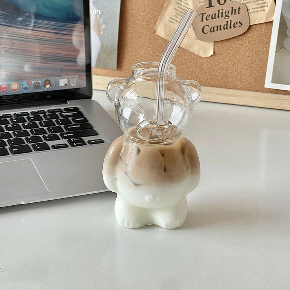 Cartoon Bear Shaped Coffee Mug Cute Bear Mug Glass Cup With Straw Transparent Creative Milk Coffee Water Cups