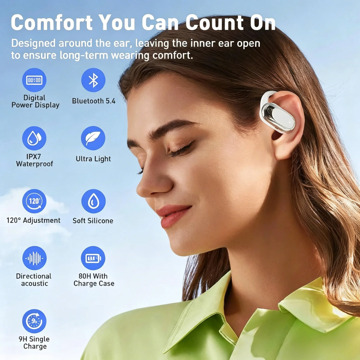Open-Ear Over-Ear Wireless Bluetooth Headphones Rotatable Design Noise Cancelling Earphones with Built-in Microphone