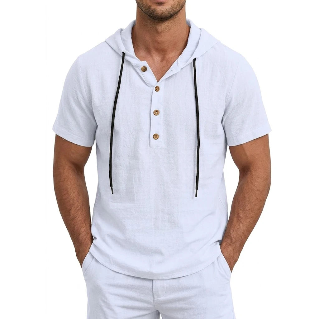 Summer Mens Linen Hooded Shirts for Men Lightweight Short Sleeve Casual T-Shirts Button Cotton Hoodie Hawaiian T Shirts for Men