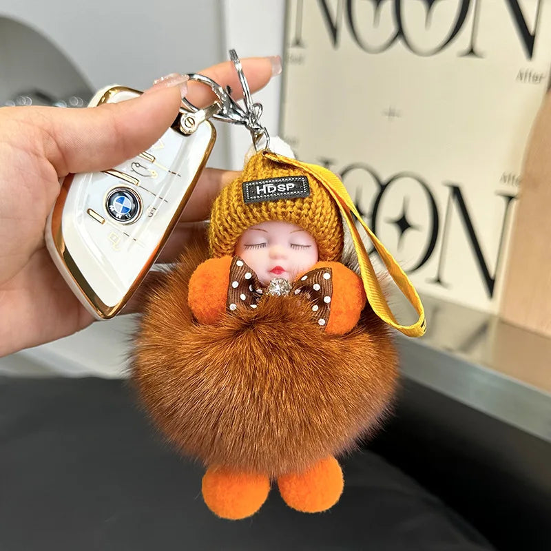 Pompom Sleeping Doll Keychain Cute Fluffy Plush Doll Keychains Women Girl Bags Keyrings Cars Key Ring  Gift Charming  Decoration