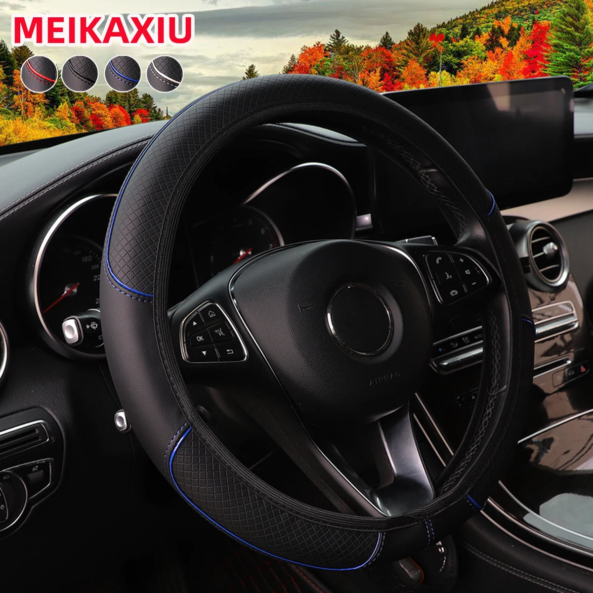 Car Steering Wheel Cover PU Leather Check-Pattern Embossed Trim Non-Ring 37-38cm Interior Accessory for Vehicle