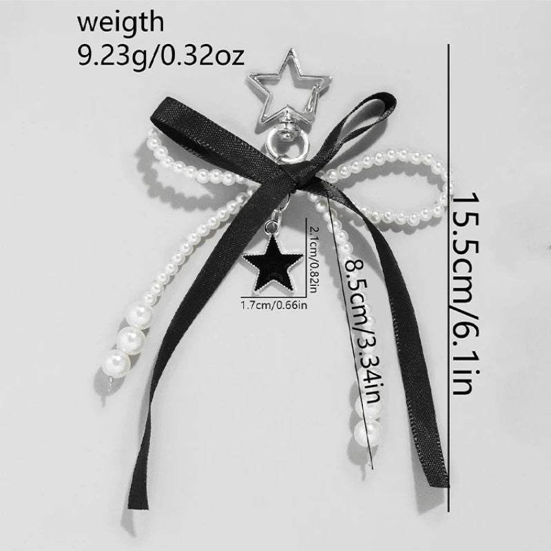 Wine Red Ribbon Cherry Pendants Keychain Women Sweet White Pearl Bow Backpack Key Ring Jewelry Bags Decoration Friendship Gifts