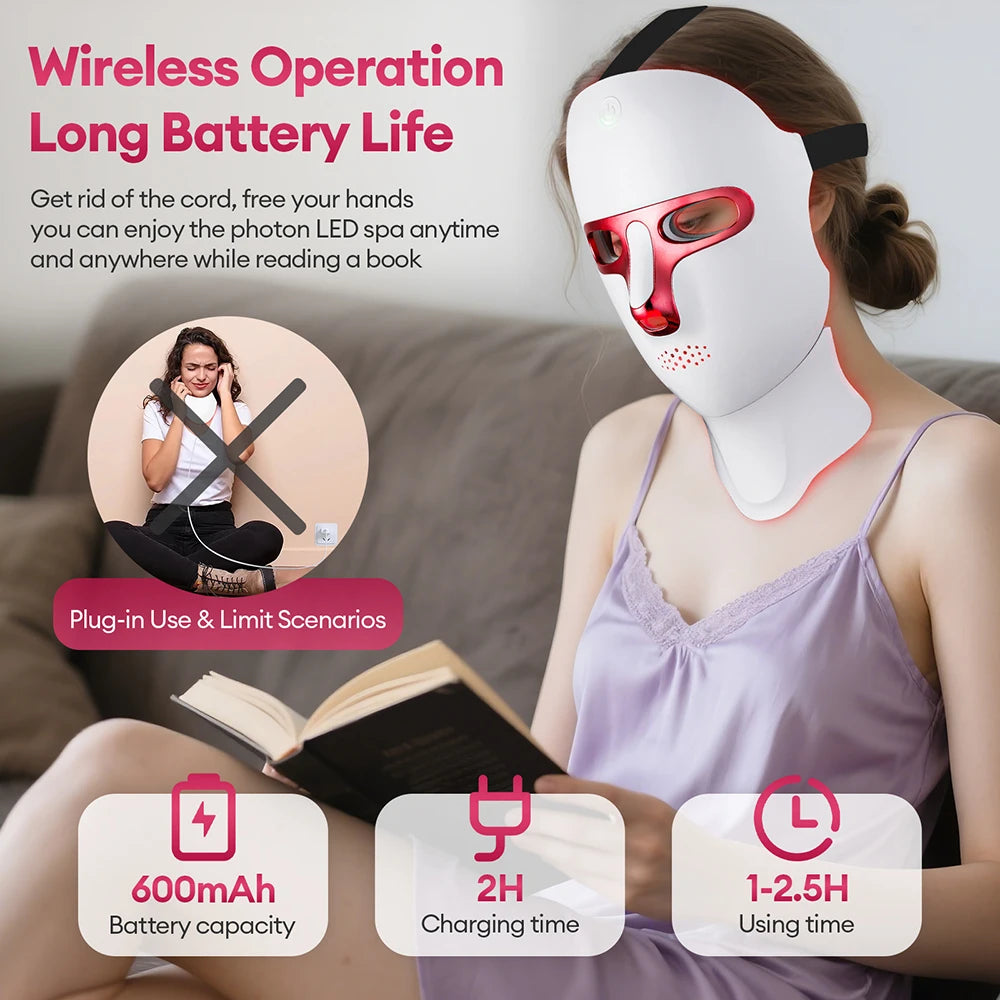 Wireless 7 Colors LED Face Neck Mask Rechargeable Photon Therapy Mask Red Light Skin Tightening Lifting Facial Beauty Device Home SPA Facial Care Machine
