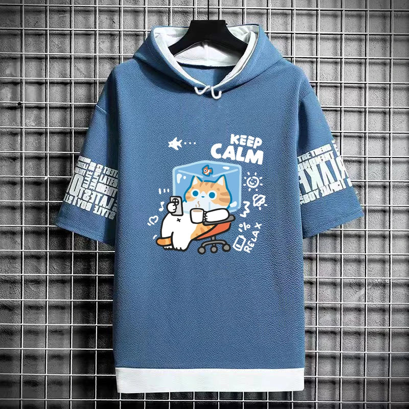 Harajuku Men's T-Shirt Hoodie Women Cartoon Cat Print Graphics T-Shirt Streetwear Funny Shirt Korean Fashion Short Sleeve Tops