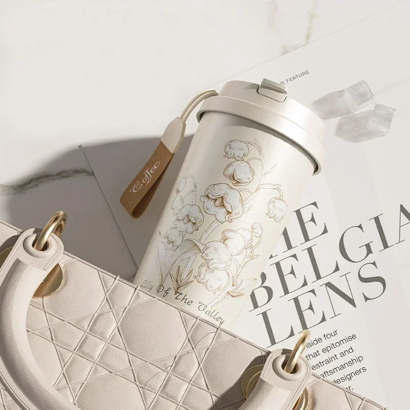 2026 Hot Lily of The Valley Design Travel Portable Leakproof Sippy Cup Coffee Cup Stainless Steel Car Cold Handy Cup lijiao