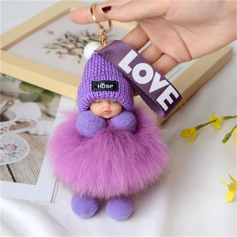 Pompom Sleeping Doll Keychain Cute Fluffy Plush Doll Keychains Women Girl Bags Keyrings Cars Key Ring  Gift Charming  Decoration