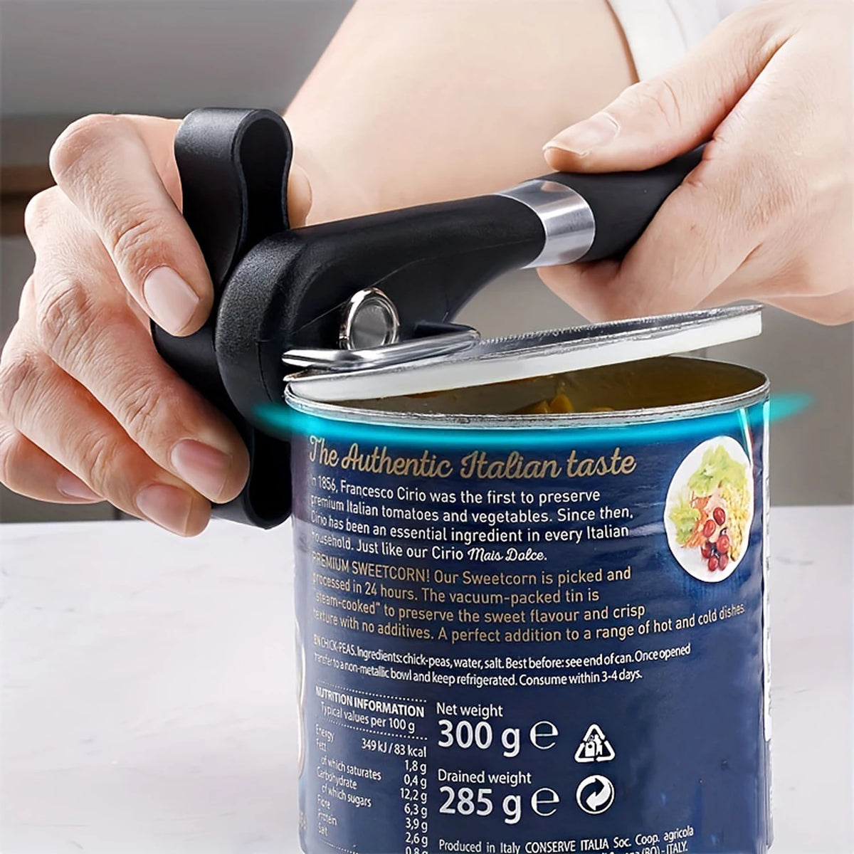 Professional Manual Can Opener – Kitchen Side-Cut Can Opening Tool with Easy-Grip Plastic Handle, Effortlessly Opens All Types o