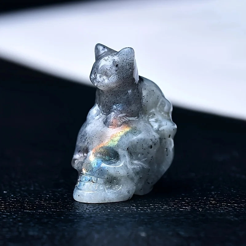 CUPIDCRYSTAL Hand-Carved Natural Crystal Skull Cat Figurine - Perfect for Halloween Decor & Gifts, 1.18in