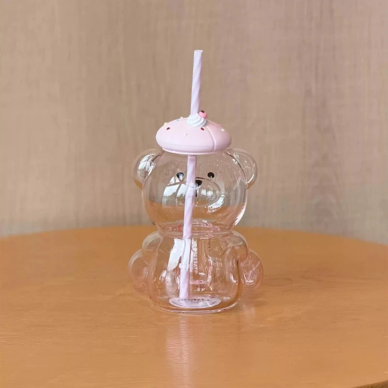 660ml Cute Bear Shaped Starbucks Glass Tumbler, Sweet Dessert Silicone Cover & Pink Straw, Clear Beverage Cup For Daily Use