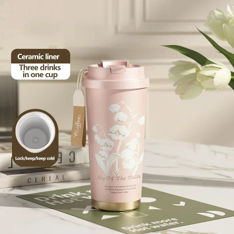 2026 Hot Lily of The Valley Design Travel Portable Leakproof Sippy Cup Coffee Cup Stainless Steel Car Cold Handy Cup lijiao