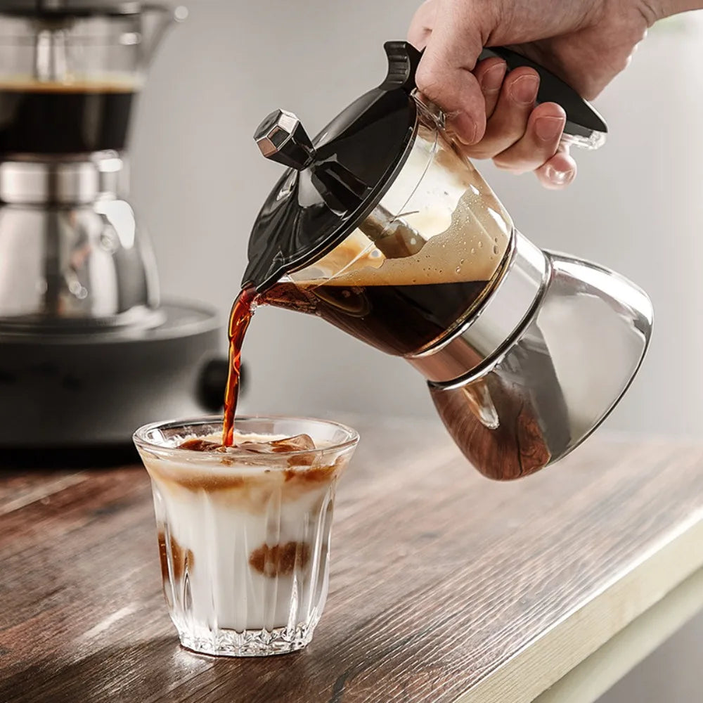 4/6 Cups Visible Moka Pot Transparent Pot Body Universal Coffee Maker Pot Stainless Steel Espresso Italian Coffee Machine