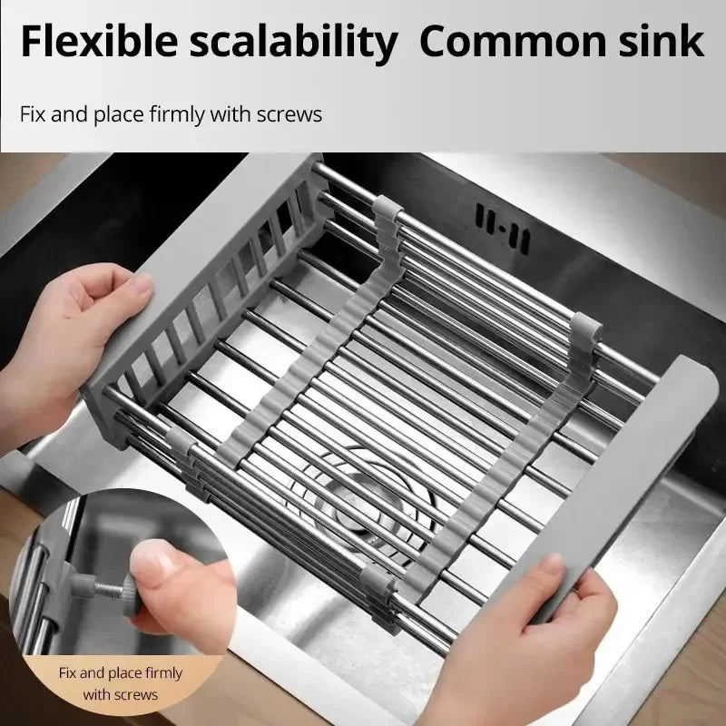 Stainless Steel Retractable Sink Drain Rack, Kitchen Dish Fruit Vegetable Washing Drain Storage Holder