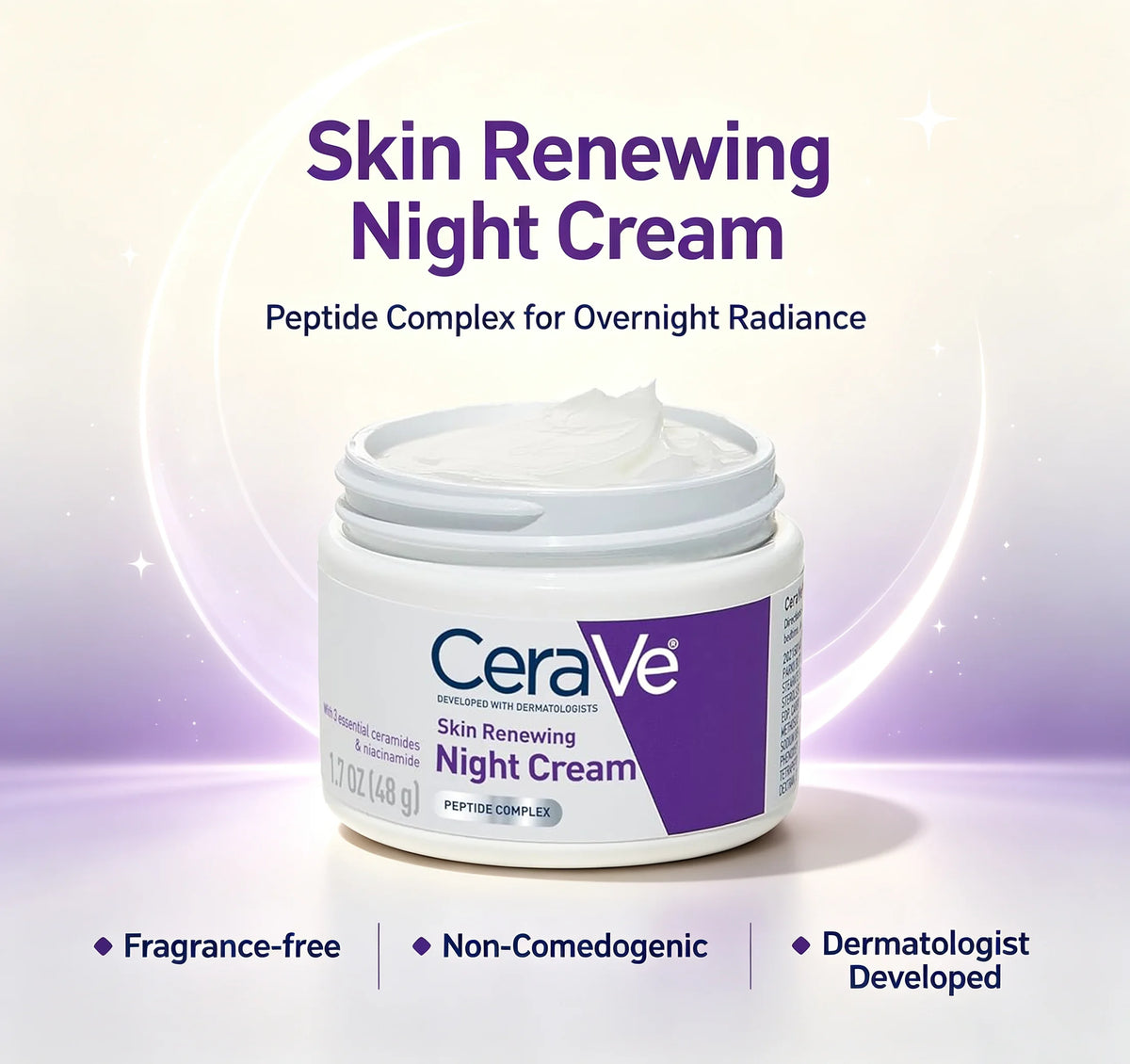 CeraVe Skin Renewing Night Cream, Peptide Complex, Hyaluronic Acid & Ceramide Moisturizer for Face, 1.7 Ounce