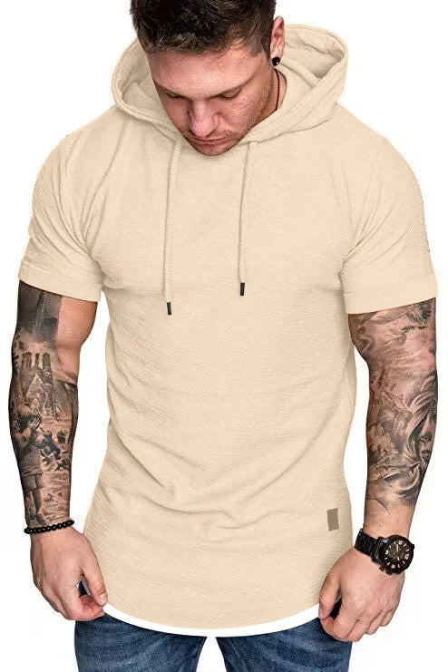 New men's summer hooded T-shirt Men's solid color top men's short sleeve T-shirt Hoodie casual fashion men's short sleeve