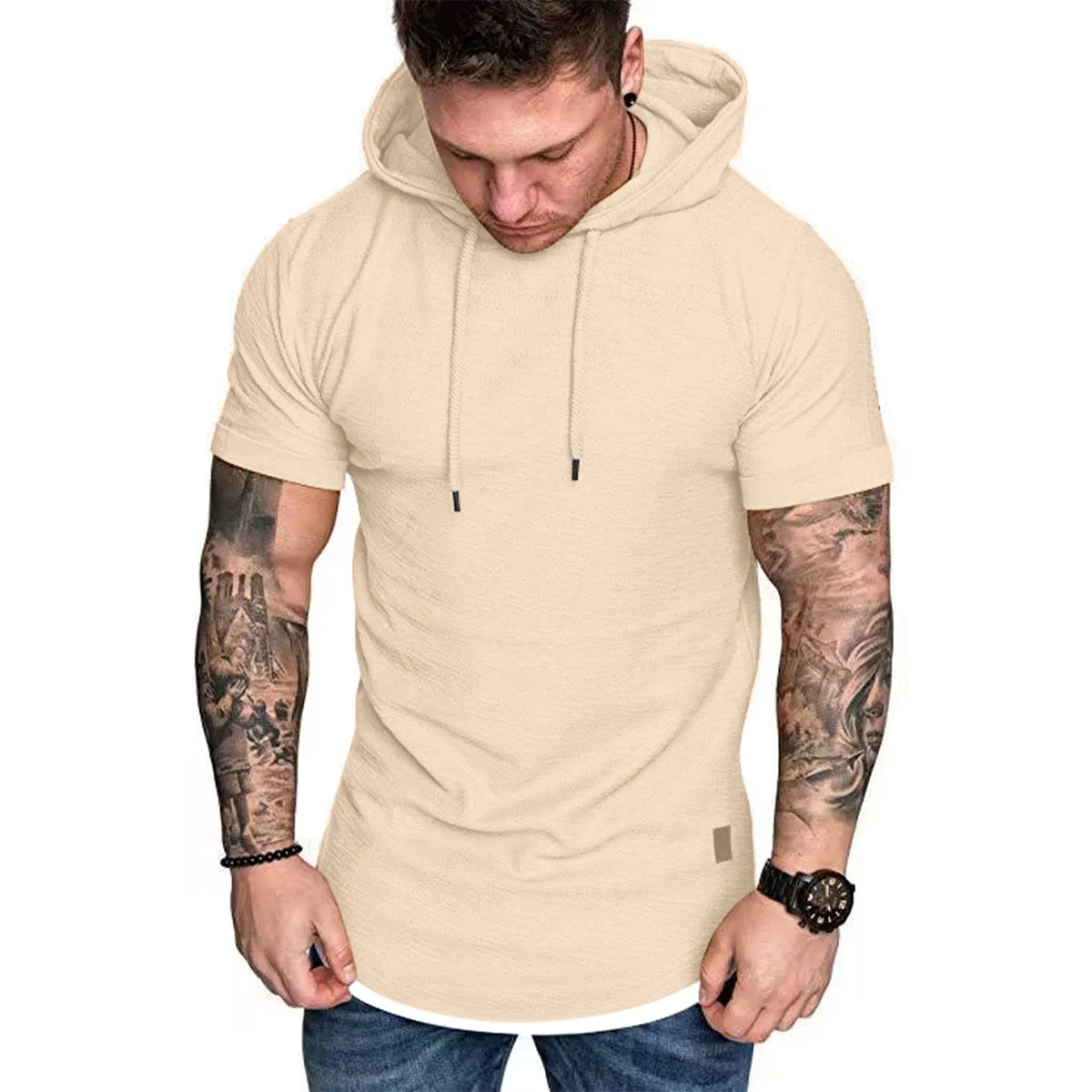 New men's summer hooded T-shirt Men's solid color top men's short sleeve T-shirt Hoodie casual fashion men's short sleeve