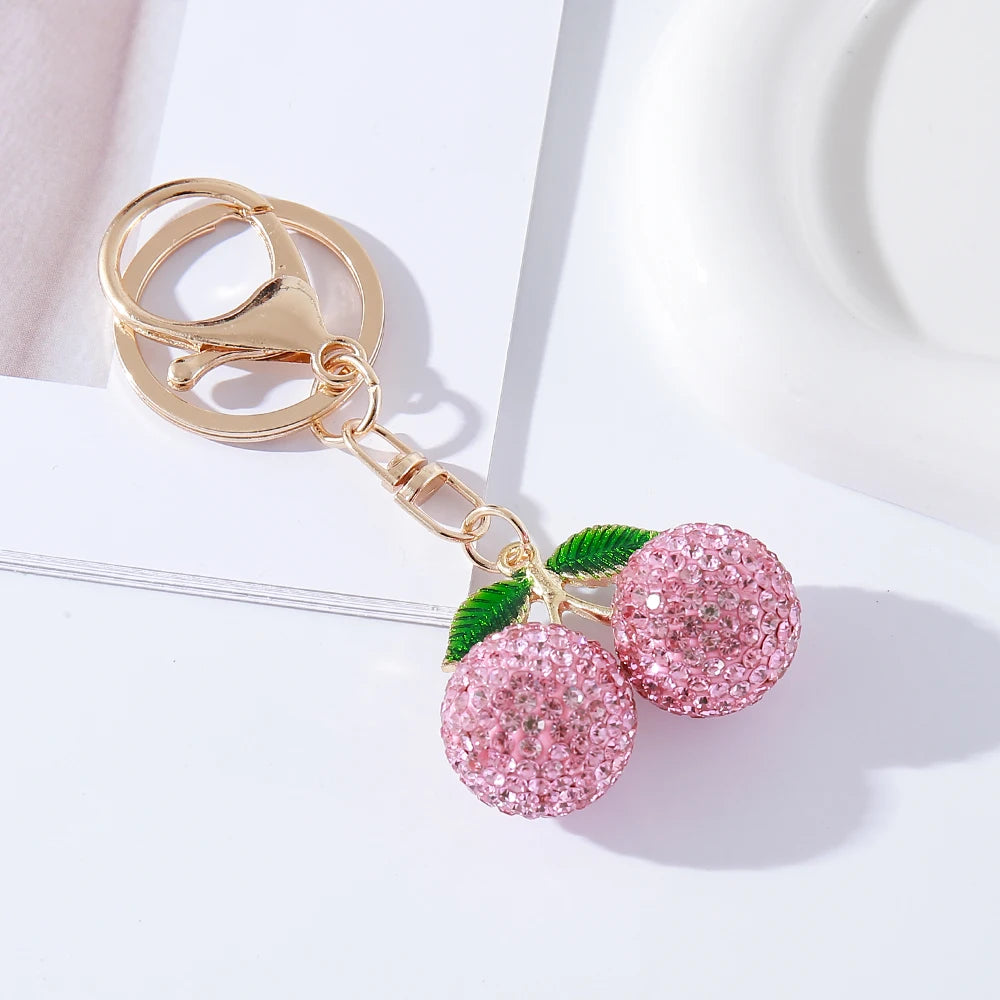 Full Rhinestones Cherry Keychain Couple Keychain Girl Decoration Small Pendant Car Key Ring Student Bag Pendant