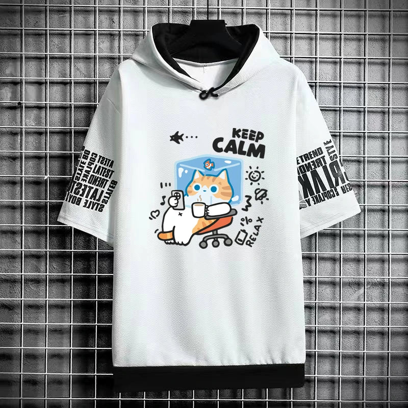 Harajuku Men's T-Shirt Hoodie Women Cartoon Cat Print Graphics T-Shirt Streetwear Funny Shirt Korean Fashion Short Sleeve Tops