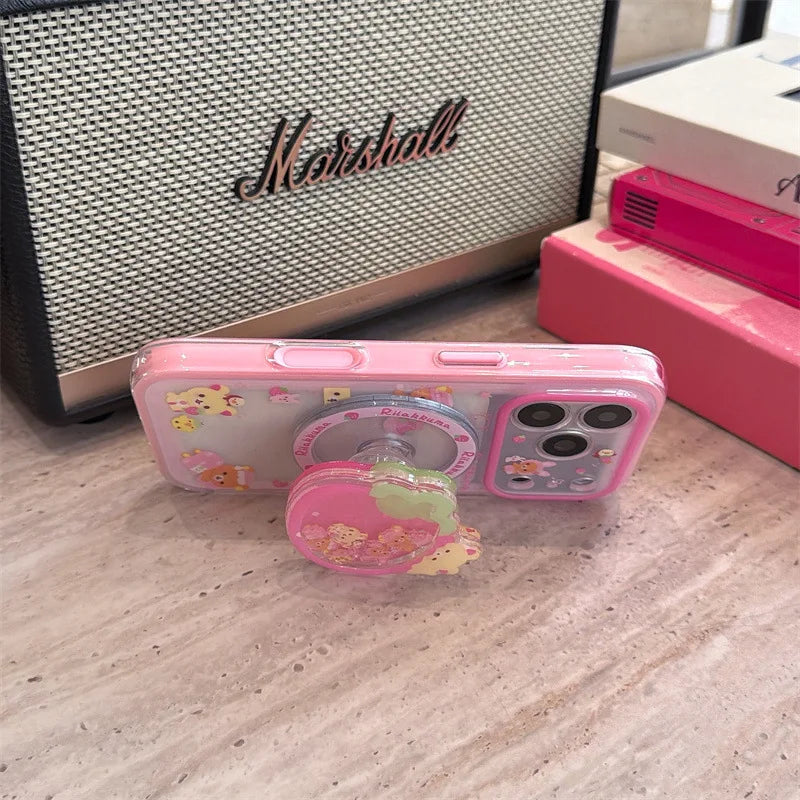 Rilakkuma Cute Magnetic Phone Case Strawberry Bear Shaky Magnetic Stand Double Layer For Iphone 15 Pro 16 Pro 17 Pro Max Pink