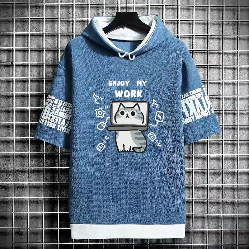 Harajuku Men's T-Shirt Hoodie Women Cartoon Cat Print Graphics T-Shirt Streetwear Funny Shirt Korean Fashion Short Sleeve Tops