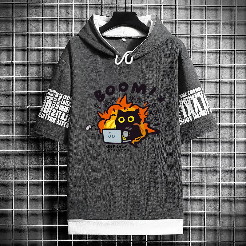 Harajuku Men's T-Shirt Hoodie Women Cartoon Cat Print Graphics T-Shirt Streetwear Funny Shirt Korean Fashion Short Sleeve Tops