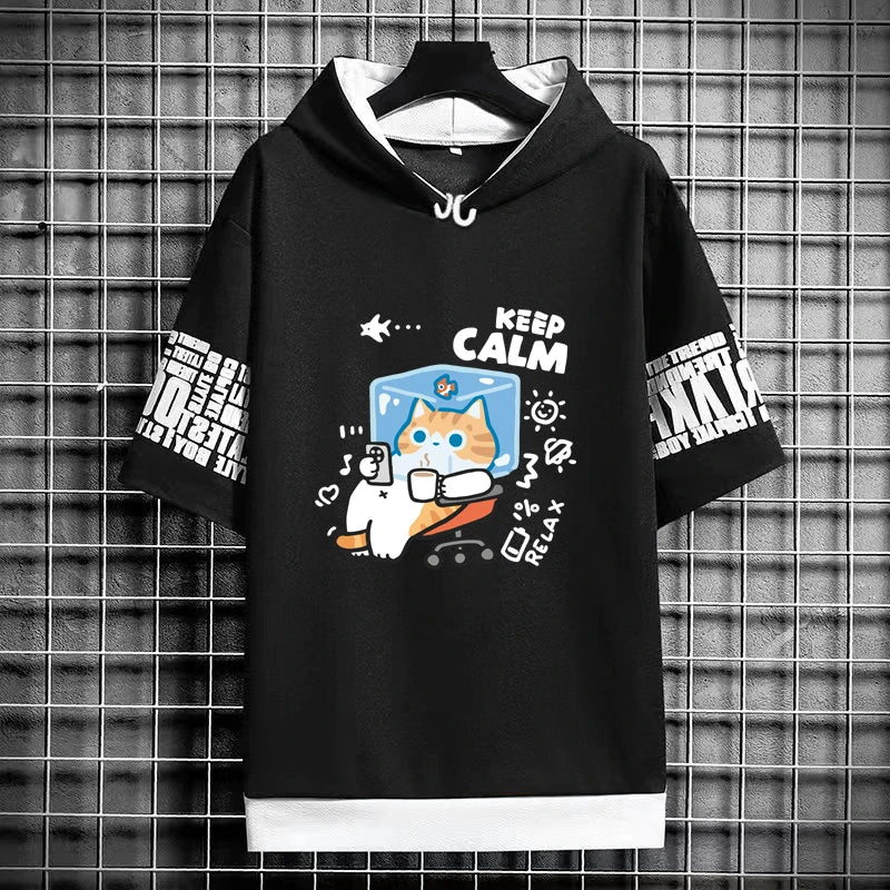 Harajuku Men's T-Shirt Hoodie Women Cartoon Cat Print Graphics T-Shirt Streetwear Funny Shirt Korean Fashion Short Sleeve Tops
