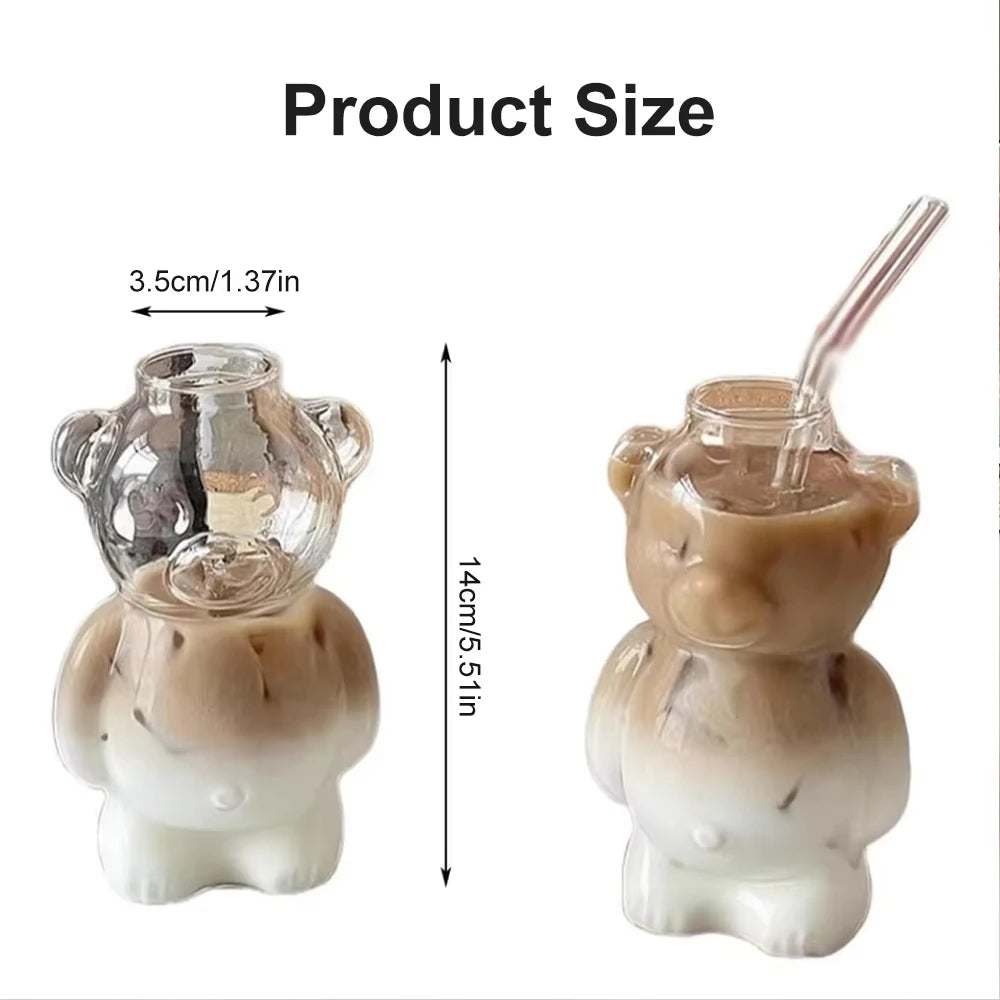 Cartoon Bear Shaped Coffee Mug Cute Bear Mug Glass Cup With Straw Transparent Creative Milk Coffee Water Cups