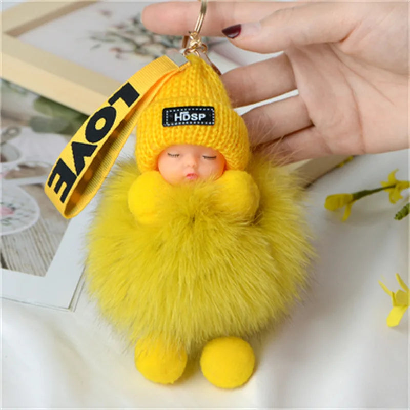 Pompom Sleeping Doll Keychain Cute Fluffy Plush Doll Keychains Women Girl Bags Keyrings Cars Key Ring  Gift Charming  Decoration