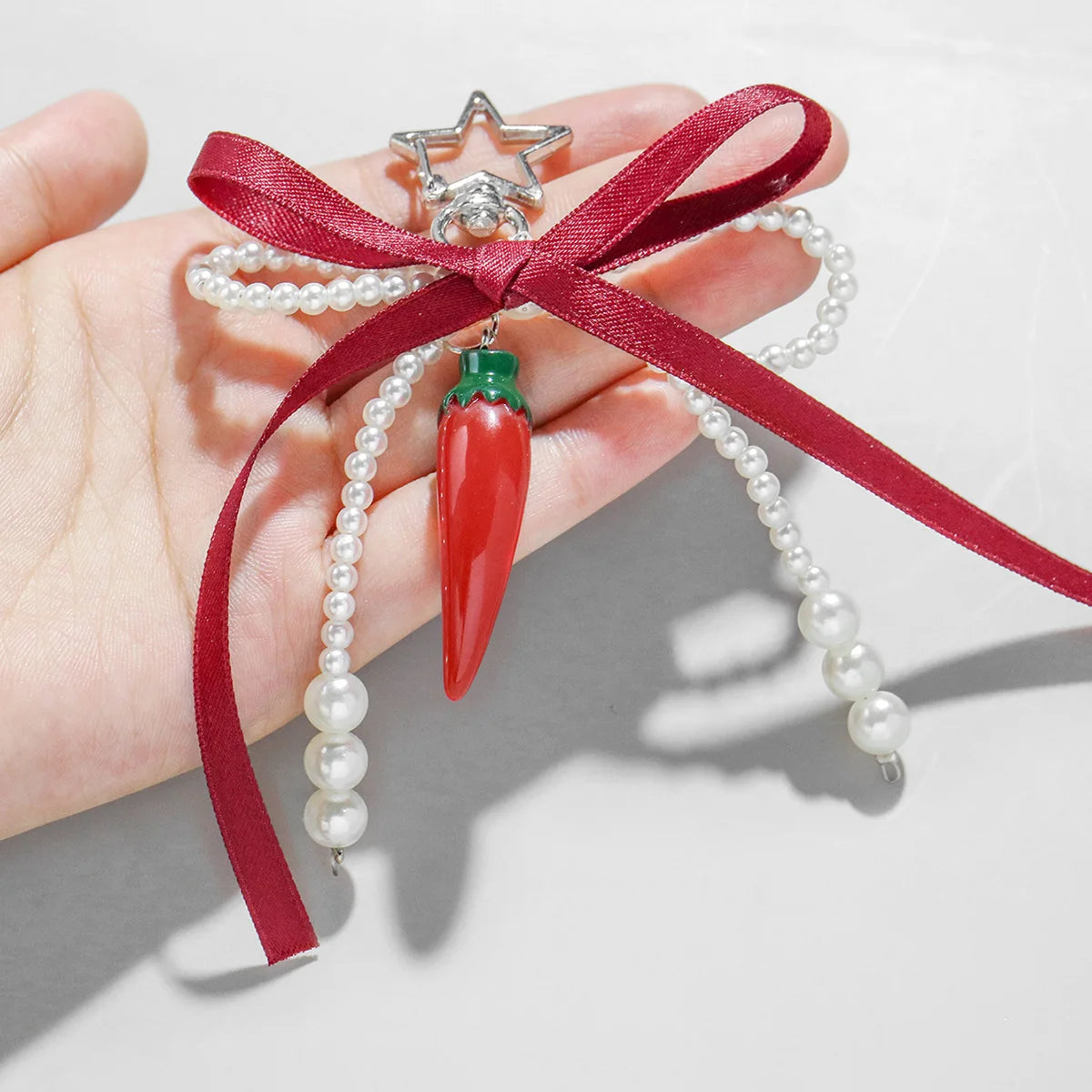 Wine Red Ribbon Cherry Pendants Keychain Women Sweet White Pearl Bow Backpack Key Ring Jewelry Bags Decoration Friendship Gifts