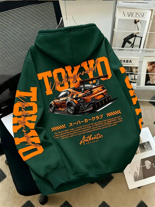 American men's autumn Tokyo racing letter print soft and comfortable hooded sweatshirt long sleeved T-shirt outdoor street top