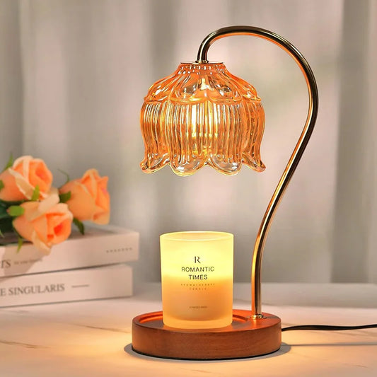 Vintage Flower Candle Warmer Lamp with Timer & Dimmer, Flameless Glass Wax Melting Light with Wood Base for Cozy Room Decor