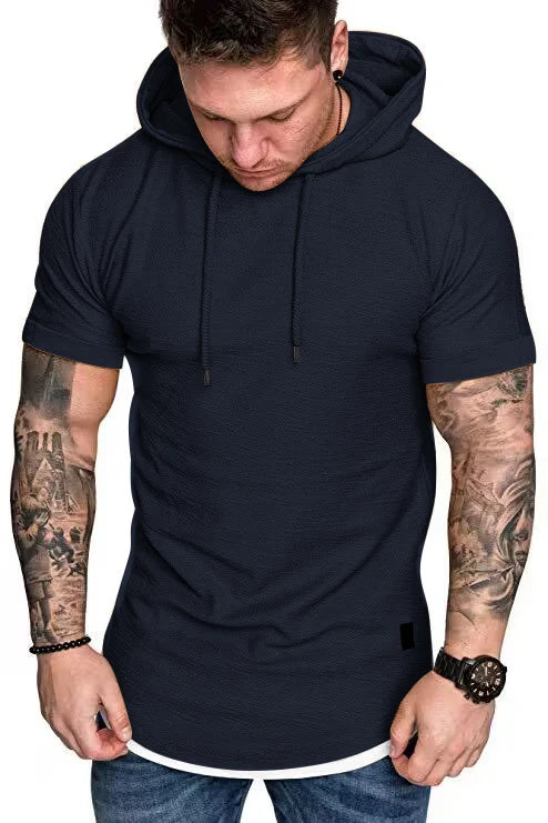 New men's summer hooded T-shirt Men's solid color top men's short sleeve T-shirt Hoodie casual fashion men's short sleeve