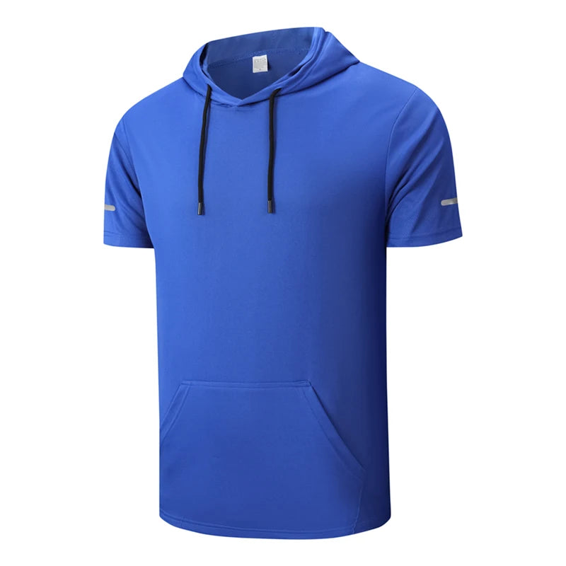 Men Hooded T Shirt Sports Fitness Gym T Shirt Short Sleeve Hoodie Summer Sweatwear Loose Solid Color Lightweight T-shirt