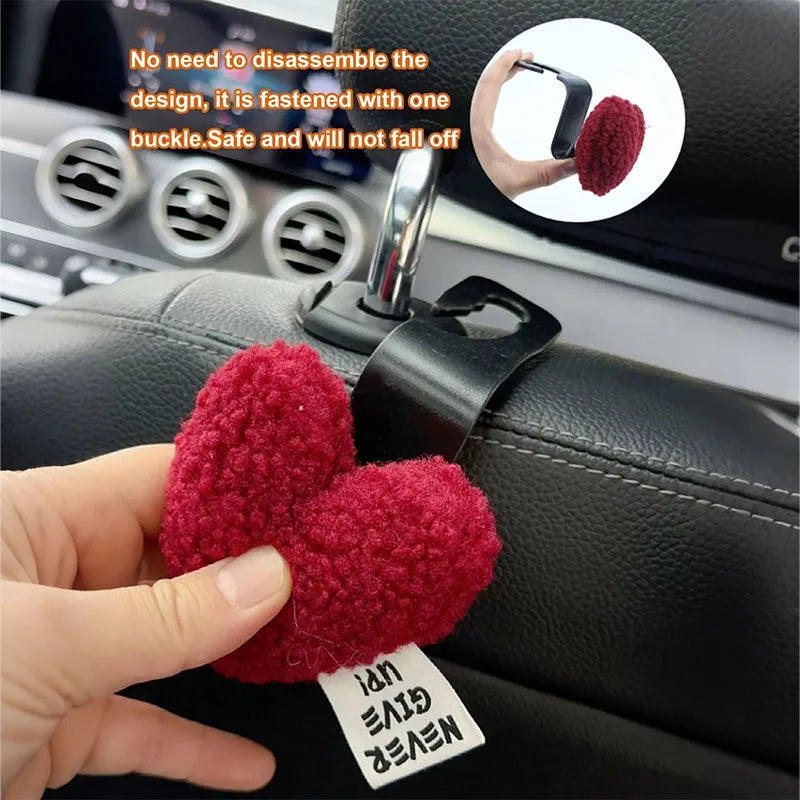 2 Plush Heart-Shaped Car Hooks - Durable and Cute Seat Back Hooks for Bags and Clothes. Easy to Install. Perfect Car Accessories