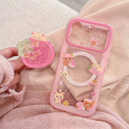 Rilakkuma Cute Magnetic Phone Case Strawberry Bear Shaky Magnetic Stand Double Layer For Iphone 15 Pro 16 Pro 17 Pro Max Pink