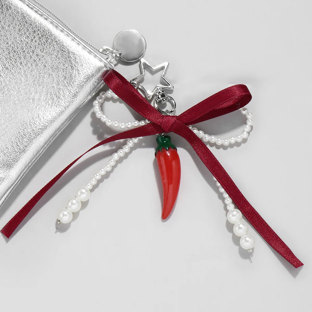 Wine Red Ribbon Cherry Pendants Keychain Women Sweet White Pearl Bow Backpack Key Ring Jewelry Bags Decoration Friendship Gifts