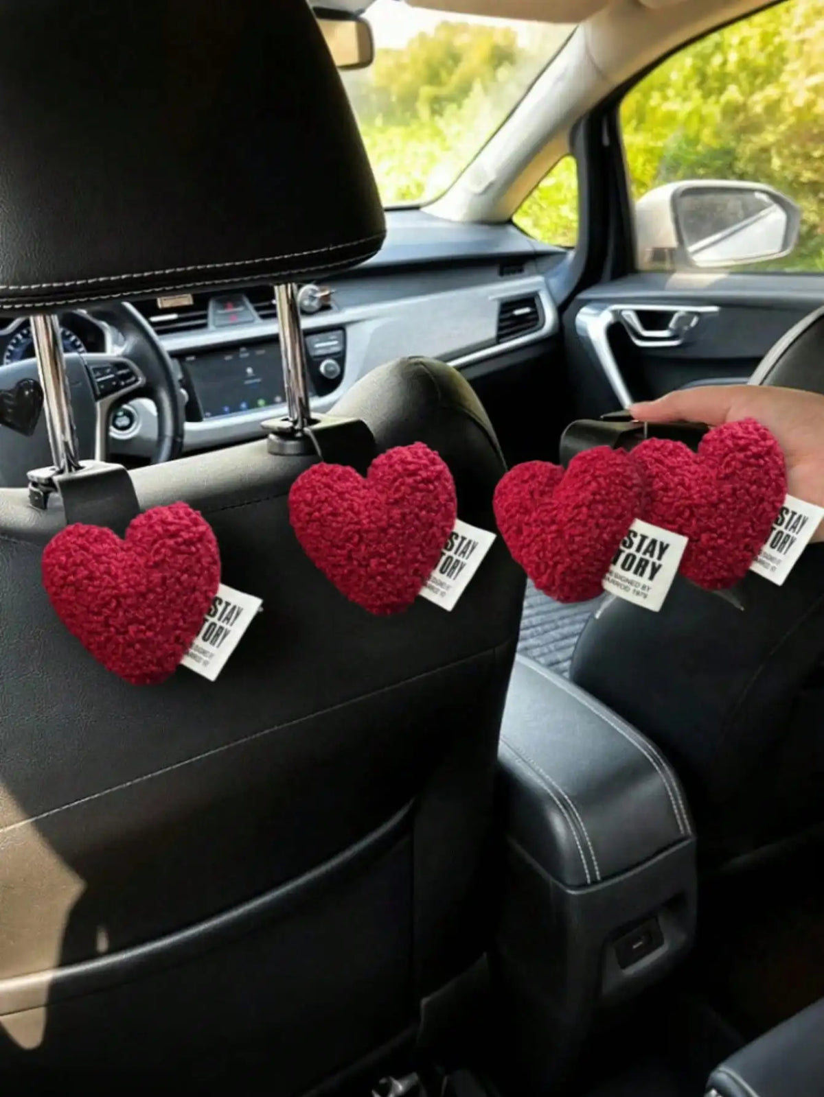 2 Plush Heart-Shaped Car Hooks - Durable and Cute Seat Back Hooks for Bags and Clothes. Easy to Install. Perfect Car Accessories