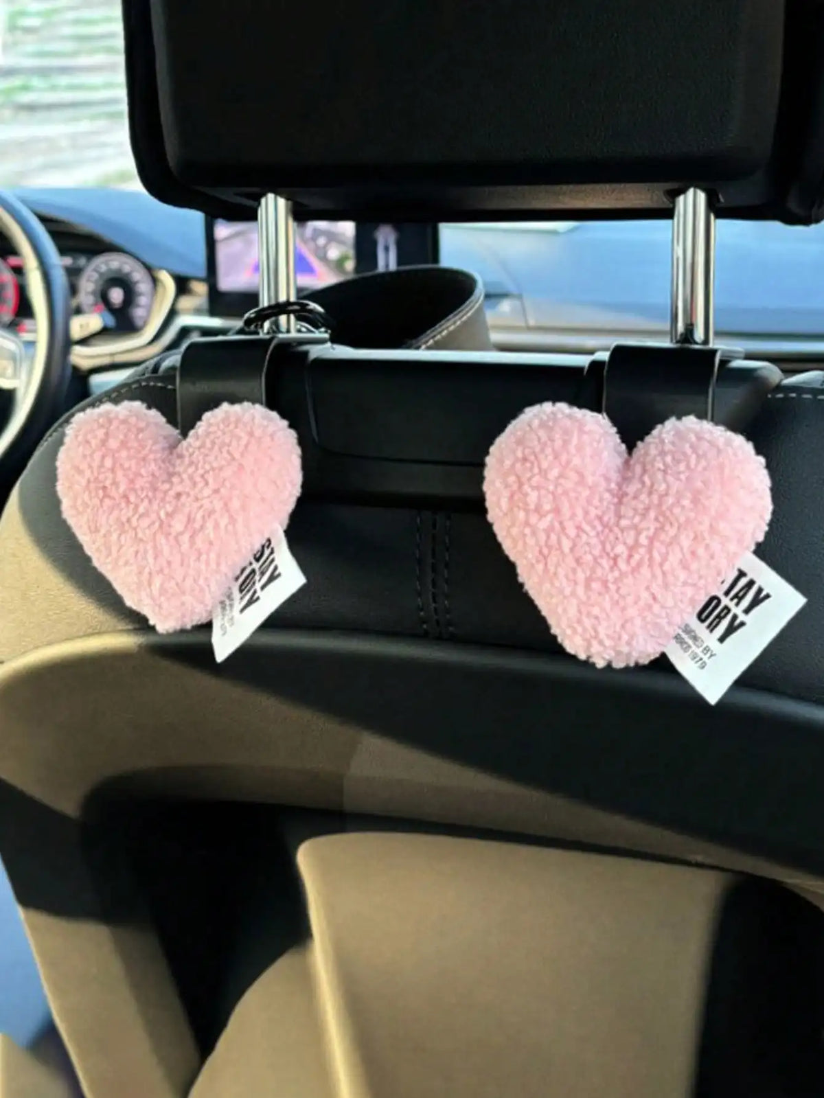 2 Plush Heart-Shaped Car Hooks - Durable and Cute Seat Back Hooks for Bags and Clothes. Easy to Install. Perfect Car Accessories