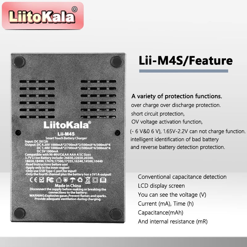LiitoKala Lii-M4S Touch Charger (4 Slots)-300-1000mA LCD Capacity Tester W/ Storage Mode & USB Power Bank for 21700/26650/18650